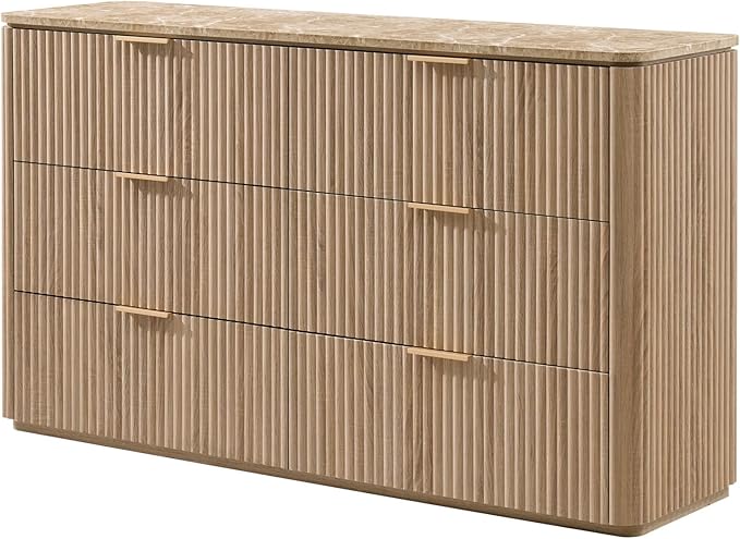 Fluted 6 Drawer Dresser for Bedroom, 54.5" Wide Modern Chest of Drawers with Faux Marble Top, Curved Corners Design, Wooden Dresser TV Stand with Organizer Storage for Living Room, Natural Oak