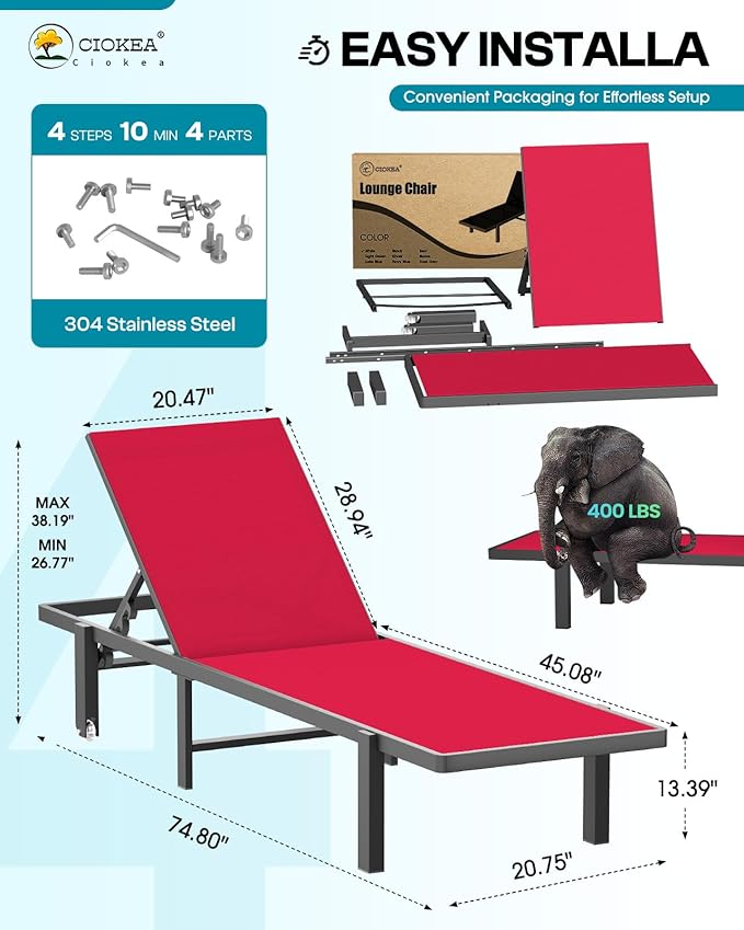 Ciokea Patio Chaise Lounge Chair Set of 2, Outdoor Lounge Chairs with Wheels, 5-Position Adjustable Sun Loungers for Pool, Deck, Beach,Red