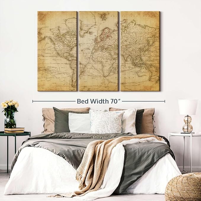 ElephantStock Old Century World Map Wall Art Multi Piece Canvas - 3 Piece Canvas World Map Wall Decor - Decor Ready-to-Hang Print - Vintage Wall Art - 65" X 42"