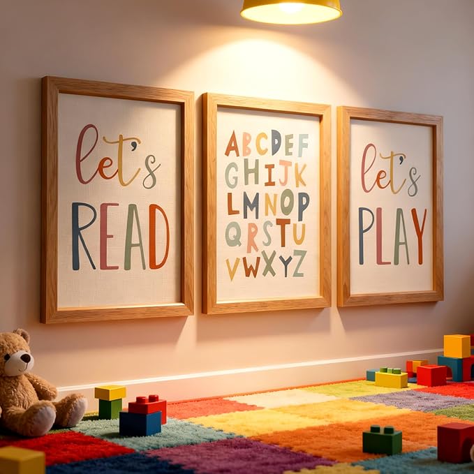 3 PCS Alphabet Framed Playroom Wall Decor,Classroom Must Haves Boho Educational ABC Poster Wooden Sign for Baby Girl Kid Boy Toddlers,Neutral Preschool English Letters Nursery Decor for Homeschool Kindergarten Kids Learning Natural