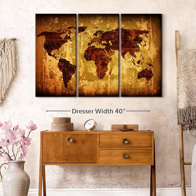 ElephantStock Vintage World Map Wall Art Multi Piece Canvas - 3 Piece Canvas World Map Wall Decor - Wall Decor - Ready-to-Hang Print - Vintage Wall Art - 50" X 32"