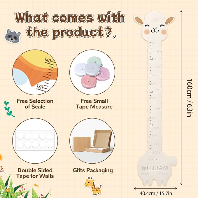Personalized Wooden Llama Growth Chart Ruler,Custom Name Kids Height Measurement Wall Sticker,Kids Growth Chart Ruler Nursery Decor Toddler Kid Room Decoration