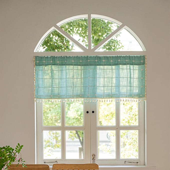 Deeprove Aqua Boho Curtain Valance 18 Inches Length Teal Bohemian Lattice Gingham Textured Embroidery Plaids, Vintage Chic Tassels Casual Easter Decor Drapes Rod Pocket, 1 Panel W52 x L18