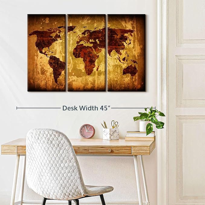 ElephantStock Vintage World Map Wall Art Multi Piece Canvas - 3 Piece Canvas World Map Wall Decor - Wall Decor - Ready-to-Hang Print - Vintage Wall Art - 38" X 24"