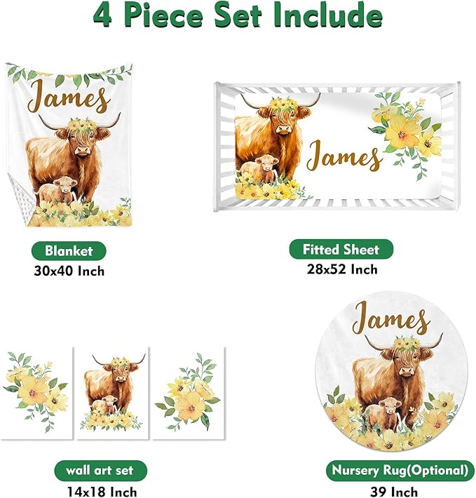 Custom Baby Crib Bedding Set,Personalized Name Yellow Flower Highland Cow Nursery Bed Set 4 Piece,Baby Blanket Fitted Sheet Nursery Rug Wall Art Set,Custom Room Decor Idea Gift for Newborns Boys Girls