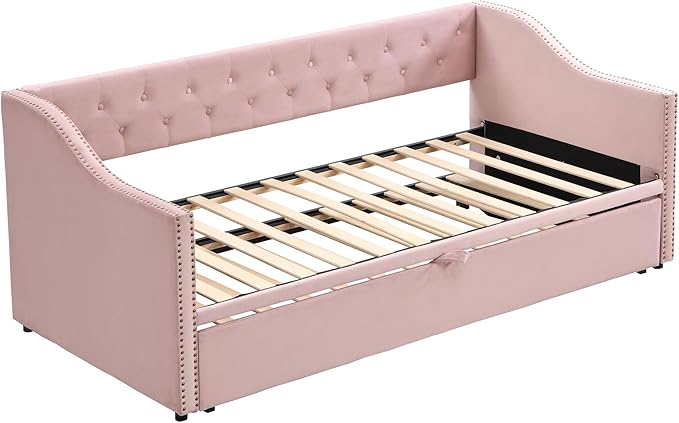 Merax Twin Size Upholstered Velvet Daybed with Pop Up Trundle, Multi-Functional Sofa Bed with Backrest and Two Armrest for Kids Room, Guest Room, Living Room, Pink