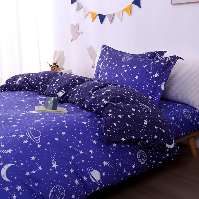 JSD Blue Stars Kids Duvet Cover Set Twin Size, 2 Piece Boys Space Theme Microfiber Comforter Cover with Pillow Sham Zipper Closure, Comforter Not Included