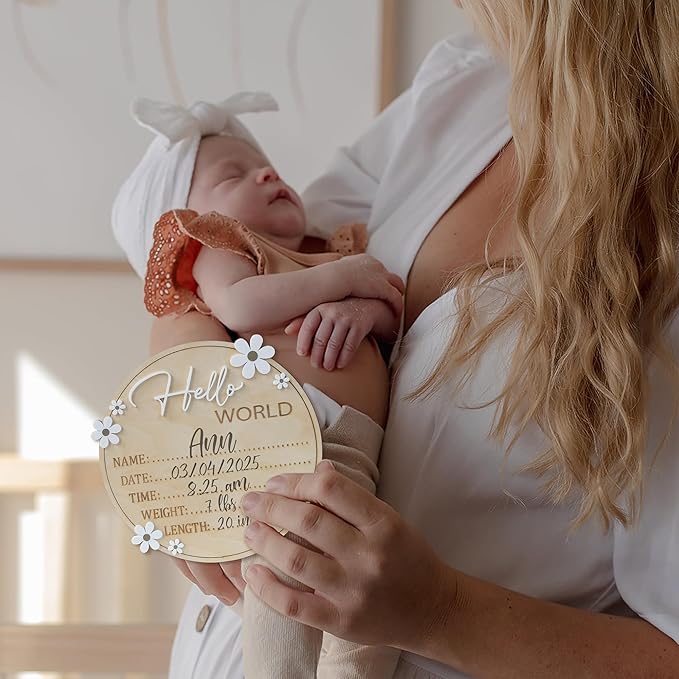 Baby Announcement Sign 6.5 Inch Wooden Hello World Newborn Welcome Sign Birth Name Plaques for Photo Props Shower Hospital Nursery (Daisy)