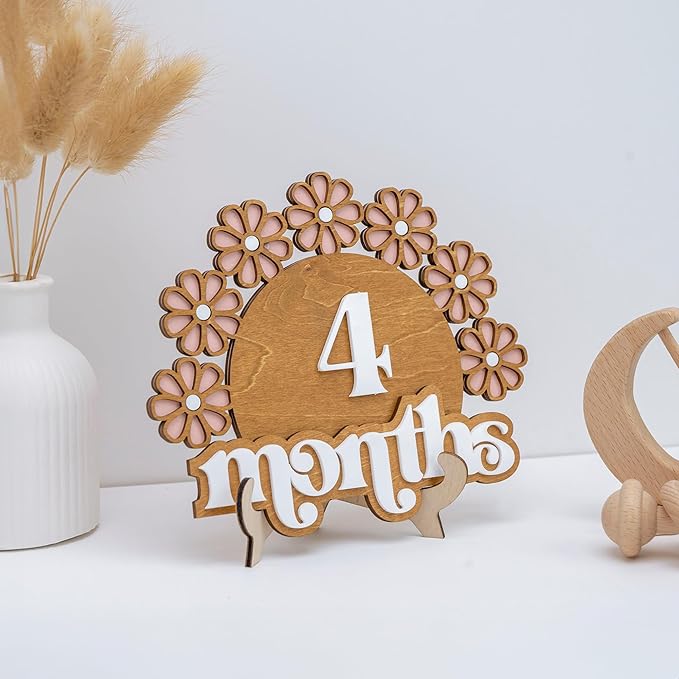 Wooden Baby Monthly Milestone Set, Floral Baby Age Tracker with Numbers and Months Weeks Signs, 3D Layered Wood Photo Prop for Newborn Monthly Pictures, Cute Floral Nursery Keepsake