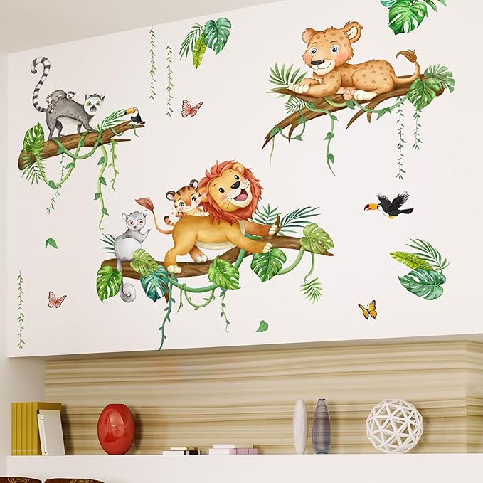 Jungle Animals Wall Decals - Peel & Stick Lion Leopard Climbing Tree Cartoon Wall Stickers for Nursery Kids Bedroom Playroom Classroom Decor