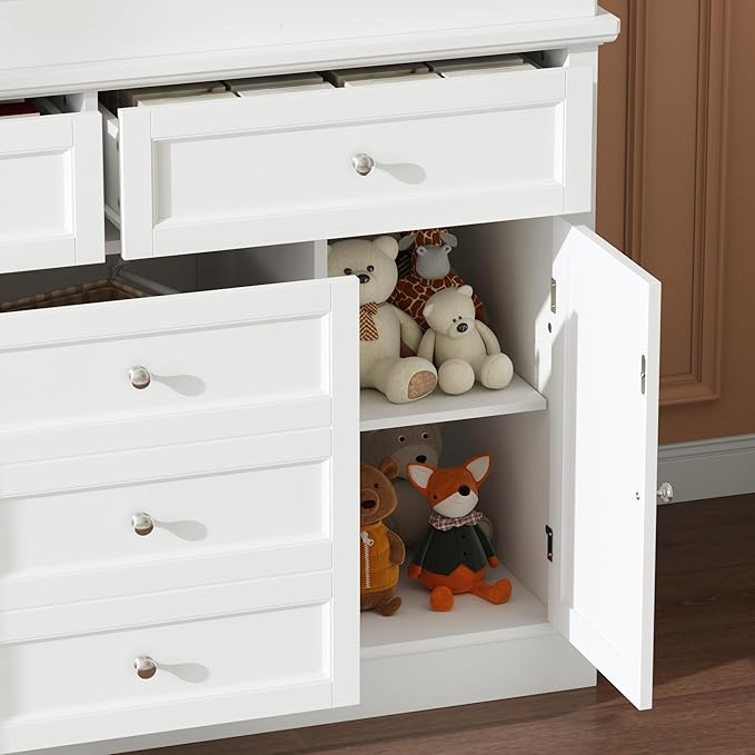 Nursery Dresser with Changing Table Top, 46" W Baby Dresser with 2 Drawers, Laundry Basket & Raised Guard, Infant Diaper Changing Storage Organize Station for Nursery and Baby Bedroom, White