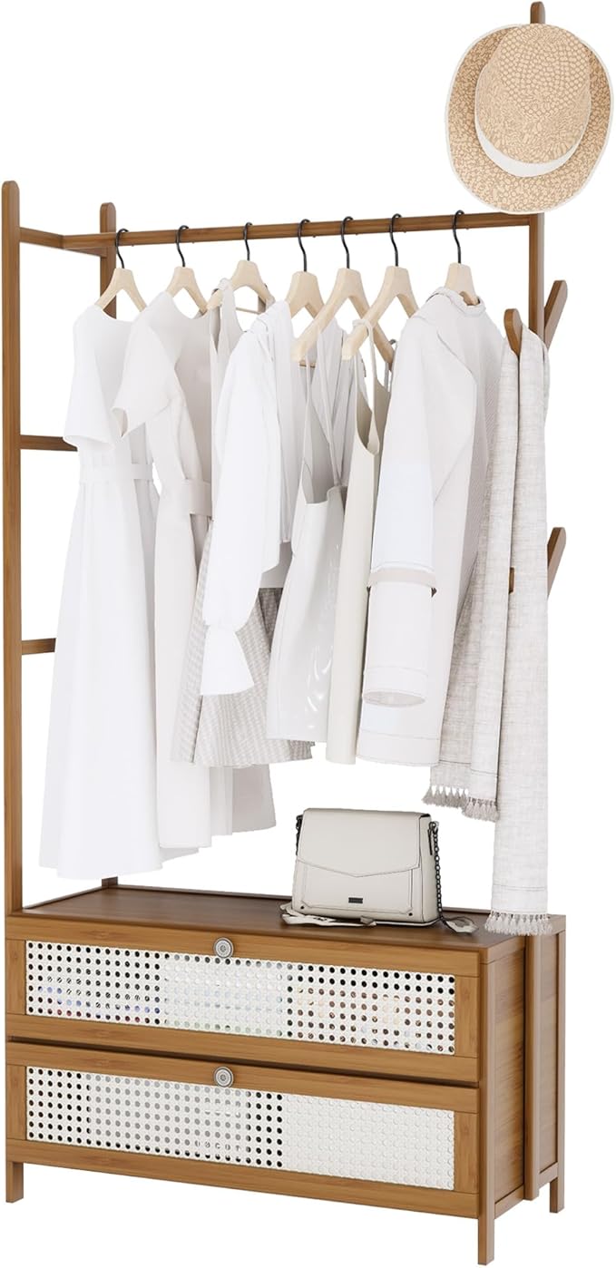 Garment Rack with Drawers,Cute Clothing Rack,Bamboo Clothes Rack,Clothes Rack Hanging,Wardrobe Closet for Entryway Guestroom Kids Bedroom (27.6inch Width Tawny with Rattan Door)