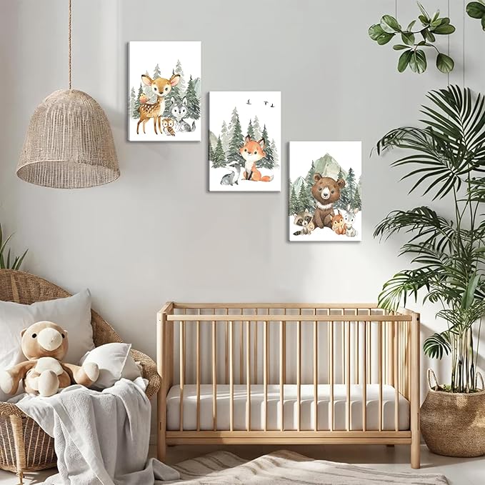 3Pcs Woodland Animal Nursery Canvas Wall Art Forest Adventure Theme Animals Picture Posters Wall Decor Cute Watercolor Deer Bear Fox Painting Print Artwork for Kids Baby Bedroom Decor 12x16in