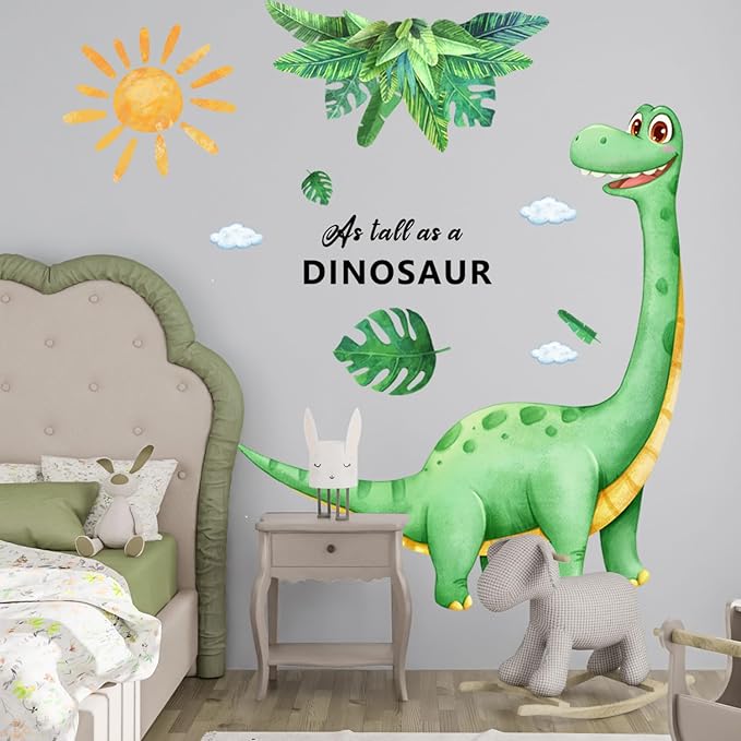 Large Dinosaur Wall Decals Removable Self-Adhesive Dino Mural with Palm Leaves Sun, Watercolor Kids Wall Stickers for Nursery Bedroom Playroom Boys Room Decor in Green and Yellow