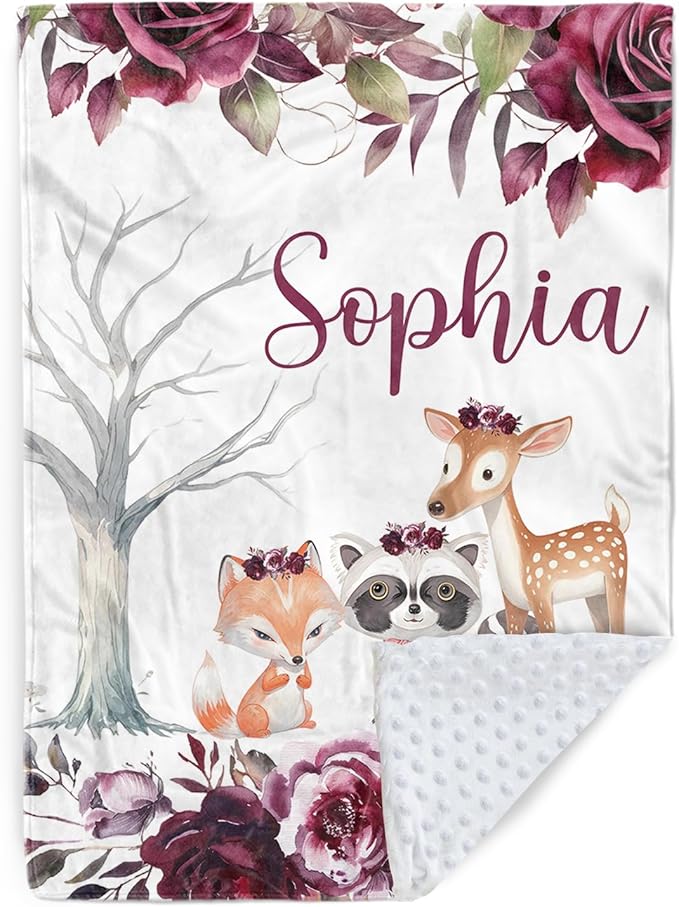 Custom Baby Blanket with Name, Double Layer Soft Dot Back Personalized Baby Blanket for Boys Girls, Woodland Blanket for Newborn Toddler, Customized Swaddle for Kids Birthday Gifts(47" x60)