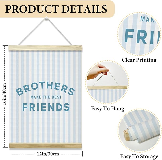 Nopoben Blue Stripes Poster Hanger Frame - Brothers Make the Best Friends, Kids Room Wall Art With Wooden Poster Hanger, Boys Bedroom Playroom Game Room Decor(12x16 Inches)-05