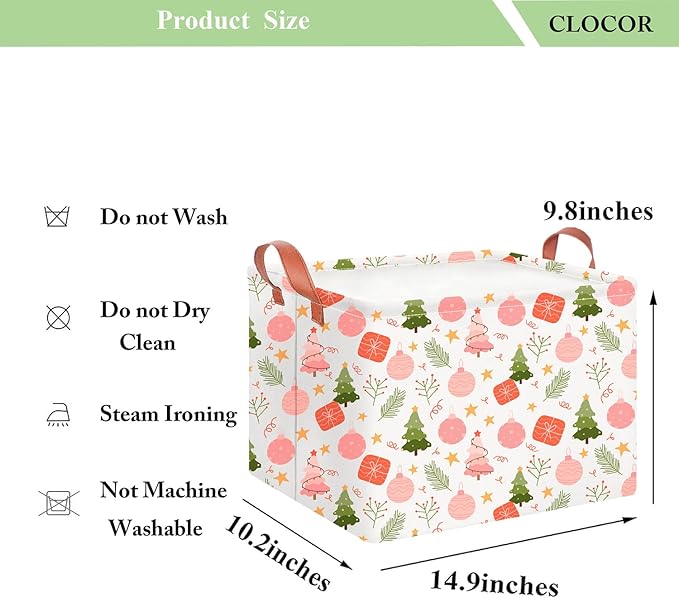 CLOCOR Rectangular Storage Basket,Collapsible Cute Pattern Storage Bin,Waterproof Books Box with Handles,Gift Basket(Pink Christmas)