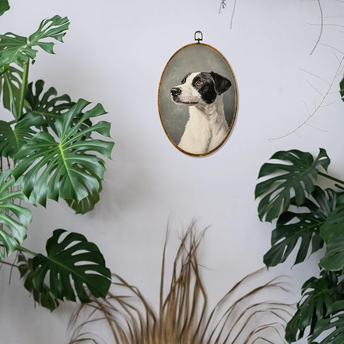Hiuwevt Vintage Dog Oval Wall Art Decor, Antique Dog Gifts Framed Canvas Prints, Rustic Retro Puppy Oval Wall Hanging Decor for Home Gallery Decorations, 8.6x11.4 Inches