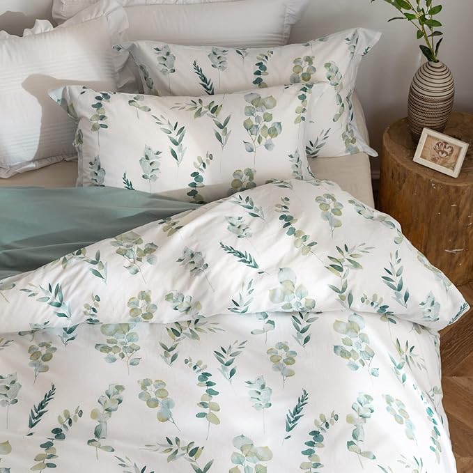 MILDLY King Duvet Cover Sage Green - 100% Washed Cotton Eucalyptus Printed Linen Feel Comforter Cover 3pcs with Zipper Closure Corner Ties