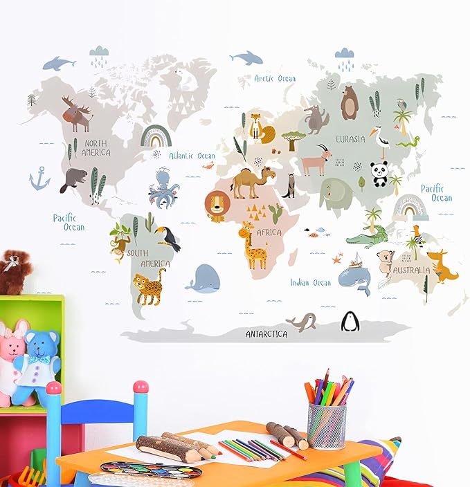 Animal World Map Wall Decals Jungle Animal Wall Stickers Forest Wild Animals Elephant Monkey Wall Art Vinyl DIY Removable Peel and Stick for Kids Boys Bedroom Nursery Classroom Home Decoration