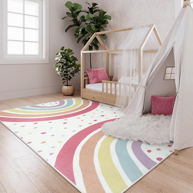 STARUIA Washable Rainbow Rug for Girls Bedroom, Large Area Rug 5x7 Colorful Rugs for Nursery Kids Room, Soft Non-Slip Carpet Kids Rugs for Classroom Playroom Tent Castle Dorm