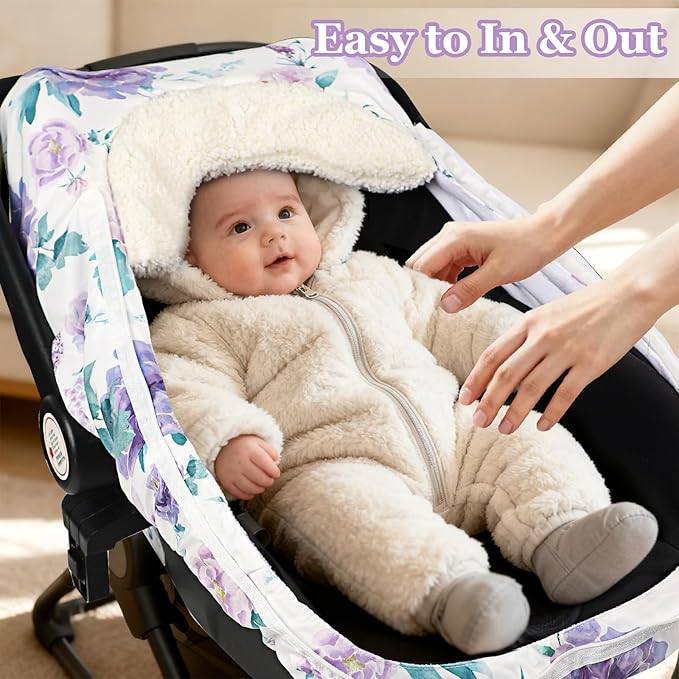 Winter Car Seat Cover for Babies Girl Boy, Super Warm Plush Fleece Infant Carseat Cover for Stroller Car Seat, Double Sides Zipper Winter Car Seat Canopy for Newborn, Purple Floral
