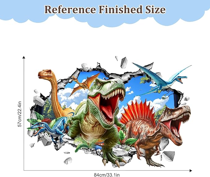3D Dinosaur Wall Decals, Break Through Dinosaur Park Wall Stickers Peel and Stick Decal Self Adhesive Sticker for Boys Kids Room Home Decor