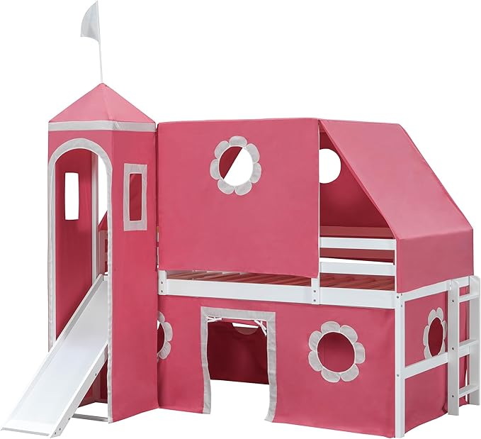 Twin Size Low Loft Bed House Bed with Slide & Tent and Tower, Playhouse Design Solid Wood Tent Bed Frame for Kids Boys Girls, Versatile Spacious Under Bed Space with Curtains (Pink-FT)