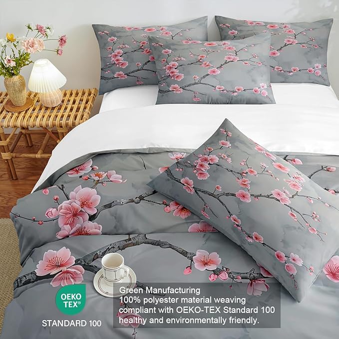 Grey Pink Cherry Blossom Duvet Cover Full Size Japanese Cherry Blossoms Duvet Cover Set Vintage Floral Bedding Set Soft Microfiber Comforter Cover(2 Pillowcases, No Comforter)