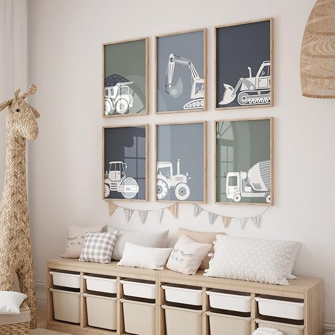 Pouydmi Construction Truck Wall Art Nursery Canvas Wall Decor Boys Room Wall Art Kids Car Posters Toddler Prints Nursery Artwork Excavator Tractor Pictures for Playroom Bedroom 12x16x6 Inch Unframed