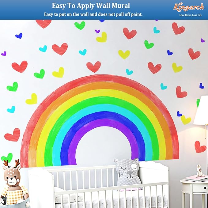 Large Watercolor Rainbow Wall Decals, Hearts Peel and Stick Fabric Nursery Wall Decor, Removable Home Room Wall Decor Murals Stickers for Kids Girls Toddler Bedroom Living Room Playroom