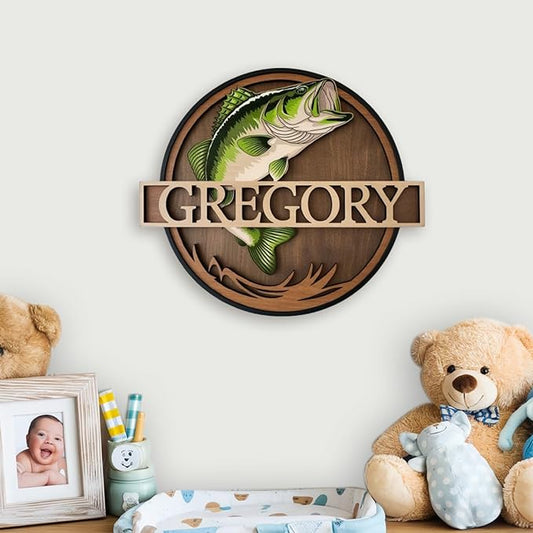 Personalized Nursery Sign, Fishing Wooden Sign with Name, Hello World Newborn Sign, Salmon Sign for Kid Room Decor, Baby Gifts for Boy, Custom Baby Name Sign, Baby Boys Wall Art Bedroom