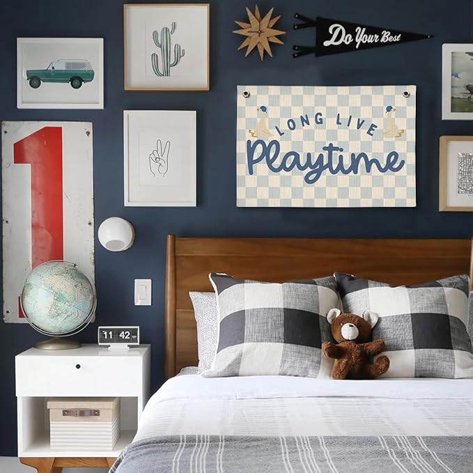 Playroom Wall Decor, Kids Toddler Boy Playroom Silly Goose Decor Hanging Linen Banner,Play Room Wall Decor for Kids Boys Nursery, 20x30 Inch