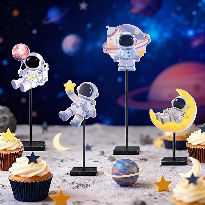 Outer Space Centerpieces for Tables Decorations, Blue White Wooden Astronaut Statues Figurines Set of 4, Space Theme Birthday Baby Shower Party Supplies Decor for Boy Nursery Room Self Desk Home