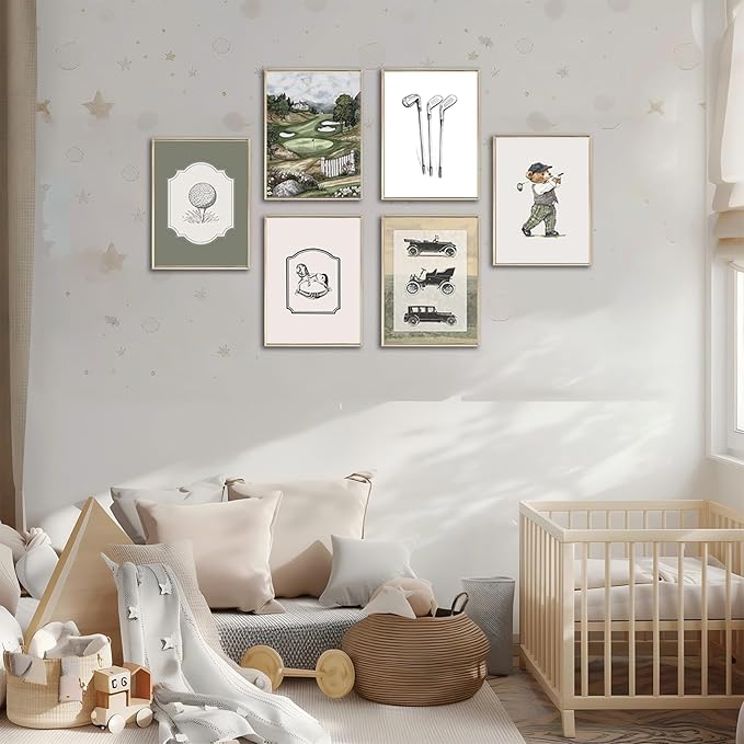 VHQXFQHU 6Pcs Sage Green Vintage Nursery Wall Art Teddy Bear Golf Sports Wall Decor Toddler Vehicle Painting Pictures Vintage Cars Farmhouse Poster for Kids Boys Room Playroom Bedroom 8x10in Unframed