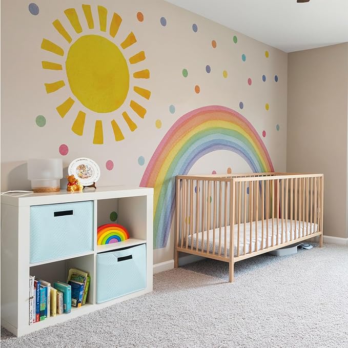 Watercolor Rainbow, Sun, Polka Dots Wall Decal for Kids Room, Nursery, Baby Room Decor, Polka Dots Mural, Rainbow Wallpaper (Rainbow-Sun-Polkadots, XLarge)