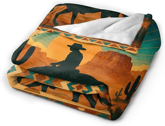 Western Cowboy Blanket Southwest Cowboy Horse Tropical Cactus Mexican Throw Blanket Soft Cozy Fleece Fuzzy Plush Warm Stuff Bedding Blankets Gifts for Boys Girls Kids Adult Men Women 50"X60"
