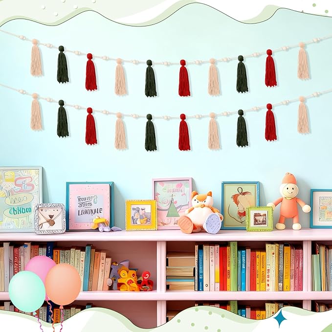 2 Pcs Tassel Garland with Wood Beads, Handmade Cotton Yarn Wall Hanging Banner Boho Tassel Wall Hanging Party Decor for Nursery, Birthday Baby Shower Home Classroom Decoration(Red Green)