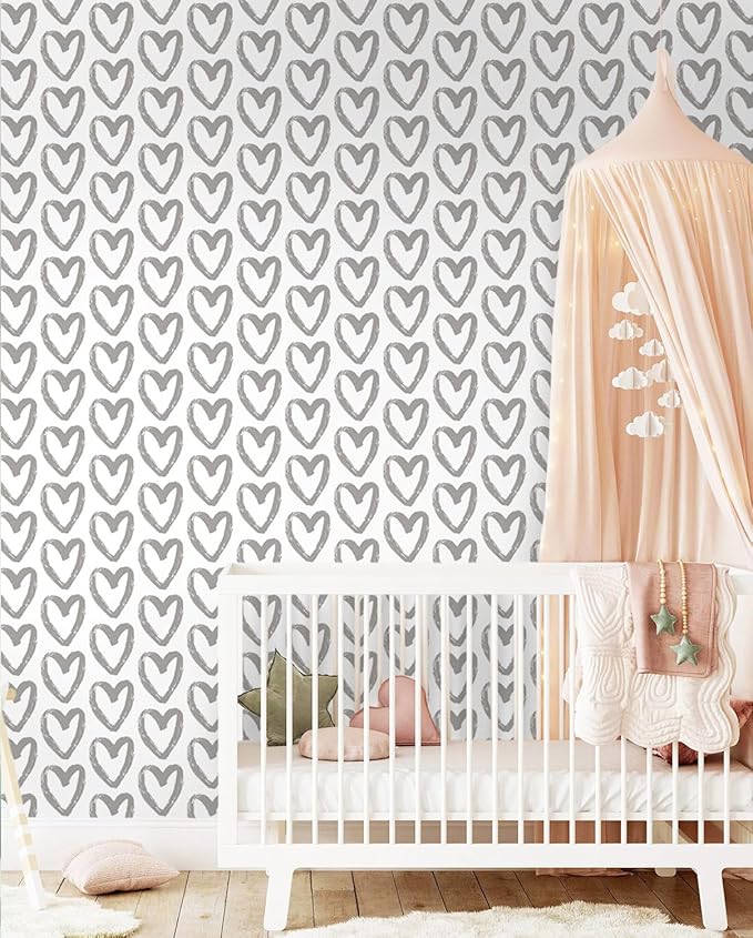 Timeet Grey and White Wallpaper Peel and Stick Wallpaper Heart Geometric Contact Paper 17.7"x393.7" Modern Self Adhesive Removable Wallpaper for Bedroom Kids Room Wall Decor Vinyl