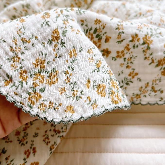 BuLuTu 4 Layer Toddler Blanket 100% Cotton Muslin Bed Blankets for Kids,Girls,Boys, with Cute Hibiscus Flowers Pattern Lightweight Thermal Baby Blanket, Super Soft Warm Crib Blanket, 47x51