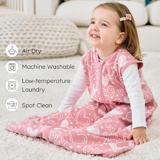 Baby Sleep Sack 12-18 months, 100% Cotton Sleeping Sack for Newborn and Infant, 3 Pack Baby Wearable Blanket for Boy and Girl, 0.5 Tog Lightweight Double Zipper Sleep Bag Pink Heart