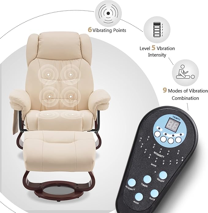 MCombo Swivel Recliners with Ottoman, Vibration Massage TV Chairs with Side Pocket, Faux Leather Ergonomic Lounge Chair for Living Room Bedroom 4734 (Cream White)