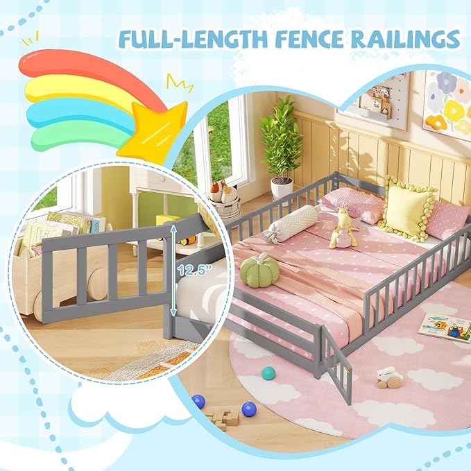 Giantex Full Floor Bed with Door & Fence, Kids Wood Montessori Beds with Safety Guardrails, Floor Bed Twin for Kids, Boys, Girls, No Box Spring Needed, Grey