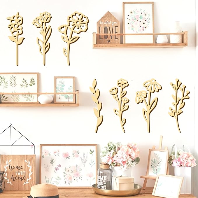 7 PCS Large Wooden Wildflowers Signs Decals DIY Colorable Wood Flowers Sign for Crafts Baby Nursery Stick Peel and Stick Boho Flower Art Cutout for Girls Bedroom Floral Sticker Gift for Kids Playroom