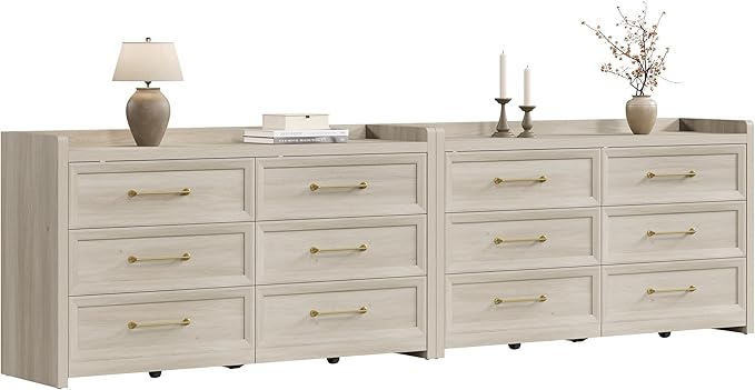 SICOTAS 6 Drawer Dresser for Bedroom-112.8" Extra-Wide Wooden Chest of Drawers with Large Storage, Long Dresser TV Stand with Drawers, Farmhouse Closet Dressers for Nursery, Grey White Oak, 2PCS