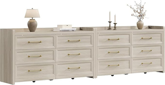 SICOTAS 6 Drawer Dresser for Bedroom-112.8" Extra-Wide Wooden Chest of Drawers with Large Storage, Long Dresser TV Stand with Drawers, Farmhouse Closet Dressers for Nursery, Grey White Oak, 2PCS