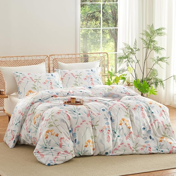 Floral Duvet Cover King 3 Pieces Watercolor Flower Pattern Bedding Set for Girls Colorful Flower Aesthetic Bedding Soft Microfiber Farmhosue Comforter Cover with 2 Pillowcases