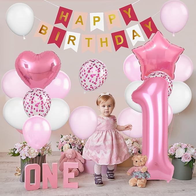 1st Birthday Decoration for Girls, Pink White Confetti 1st Birthday Balloon with 40 Inch Number 1 Pink Balloon Star Heart Balloons and Happy Birthday Banner for Baby 1 Year Old Birthday Party Decor