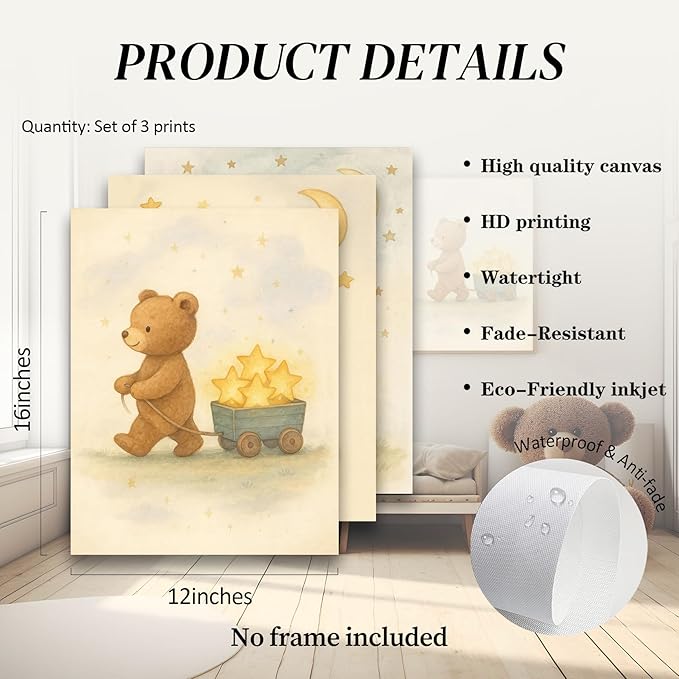 3Pcs Bear Nursery Wall Art Cute Teddy Bear with Stars and Moon Poster Animals Playing with Stars and Telescope Neutral Baby Room Decor Dreamy Prints for Kids and Babies Bedroom 12x16in Unframed