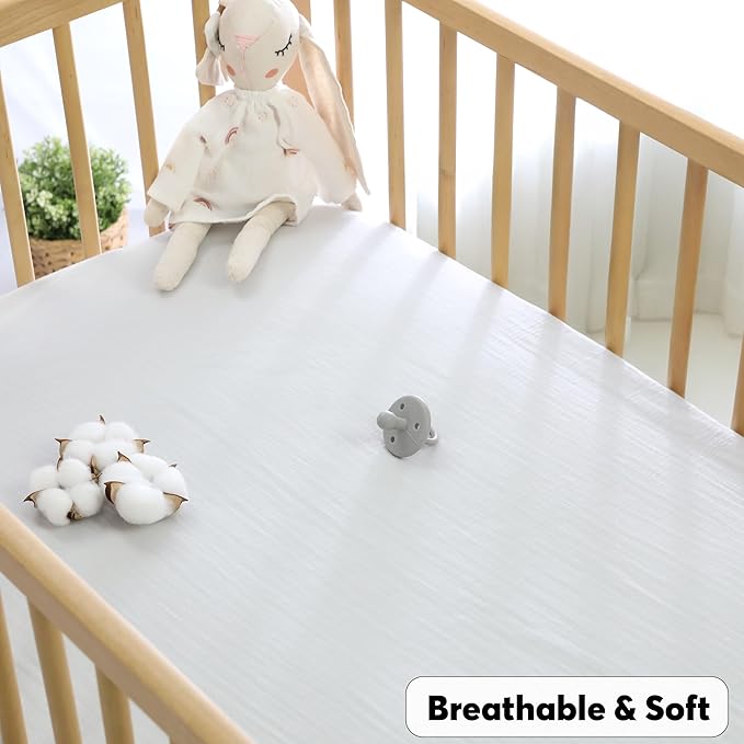 Muslin Baby Crib Sheets Fitted - Crib Sheets Neutral Turkish Cotton, Ultra Soft & Breathable - Organic Cotton Crib Sheets for Boys & Girls, GOTS & Oeko-TEX® Certified (52x28, Cloudy Gray)
